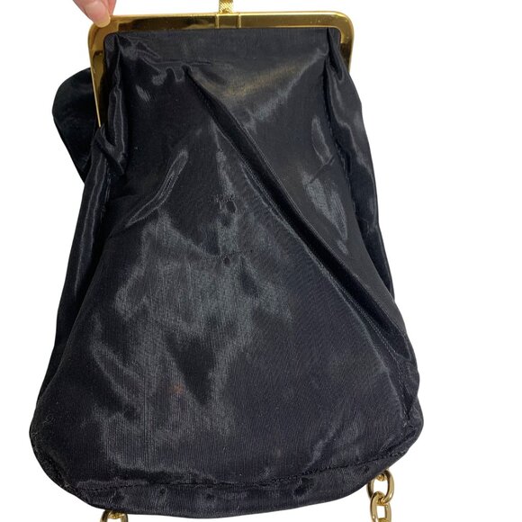 VTG JUMBO Coin Purse: Black Suede Saddle Shoulder Bag Gold Chain Handle & Frame - Picture 5 of 10